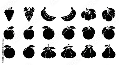 Collection of various fruit icons in black silhouette on white background for design and decoration purposes