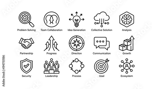 Business icons representing problem solving, team collaboration, idea generation, and growth