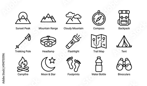Outdoor adventure icons collection featuring hiking and camping essentials