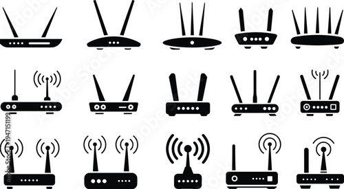 WiFi router icon set, wireless internet modem network signal technology communication device vector illustration collection