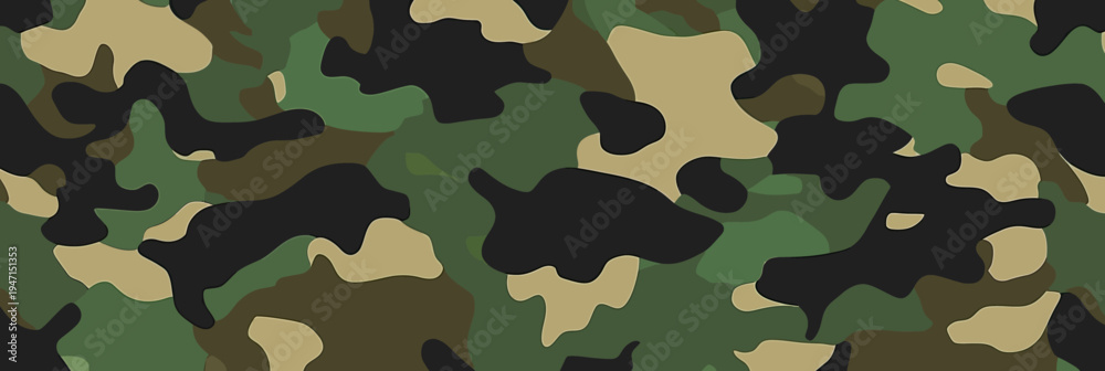 Fototapeta premium Seamless green military camouflage pattern background with dark green black and beige abstract shapes for tactical design and fabric texture vector illustration