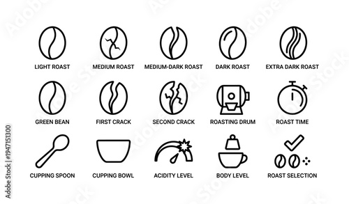 Coffee roast levels icons: light to extra dark with brewing tools and flavor indicators