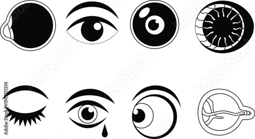 Collection of eight black and white eye icons in various styles eyes vision