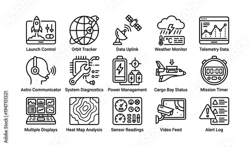 Space mission control icons: communication, data, weather, power, cargo, monitoring systems