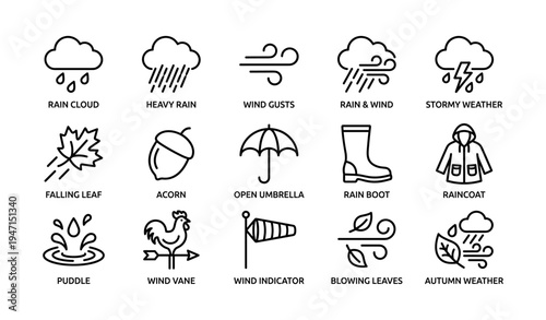 Weather icons: rain, wind, leaves, autumn elements in line art