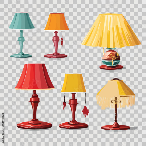 Set of colorful table lamps on transparent background for design projects