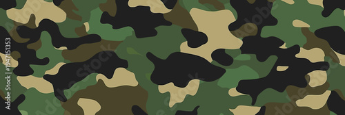 Seamless green military camouflage pattern background with dark green black and beige abstract shapes for tactical design and fabric texture vector illustration