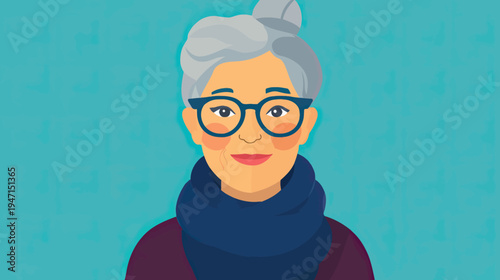 Portrait of smiling elderly woman with gray hair in bun wearing glasses and dark scarf flat vector illustration on blue background