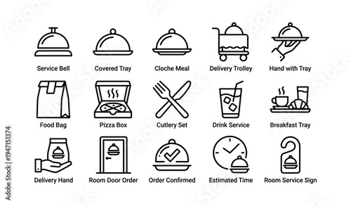 Hotel room service icons: bell, tray, trolley, cutlery, door, time, food bag