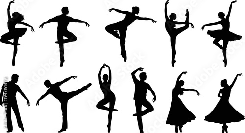 Collection of black silhouettes of ballet dancers in various poses on white background