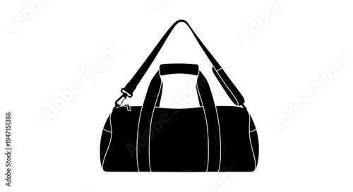 Black gym bag with white outlines and shoulder strap on white background for fitness and travel