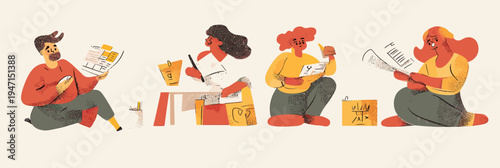 People calculating finances and taxes at home with bills and documents flat minimalist vector illustration in personal finance and savings concept scene