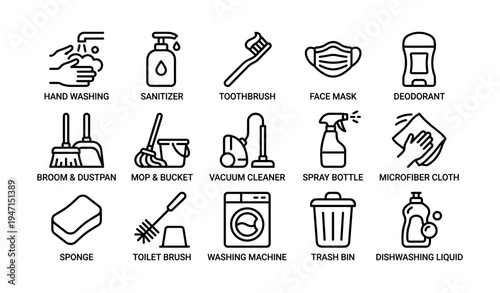 Essential hygiene and cleaning icons set