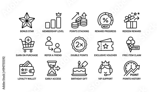 Loyalty program icons featuring rewards, points, and membership benefits in black and white design