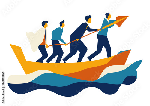 Business team rowing boat on water with leader holding arrow to navigate direction leadership teamwork and motivation concept flat vector illustration