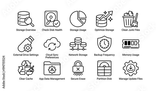 Storage management icons set: optimization, backup, security, usage