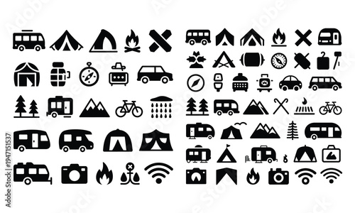 Camping and Outdoor Adventure Glyph Icon Set for Travel and Recreation Design