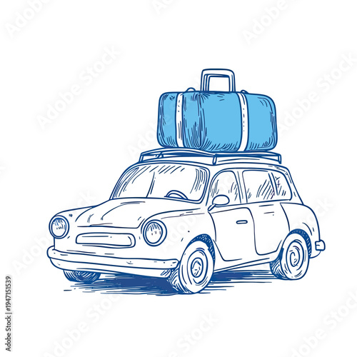 Hand drawn vintage car with large suitcase on roof rack sketch doodle style travel trip concept blue pen line vector illustration isolated on white background