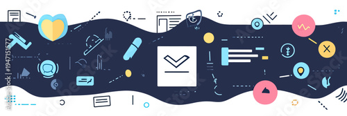 Abstract digital concept of data flow and communication with flat minimalist icons for cloud storage, messaging, analytics, security, and technology interface on dark background