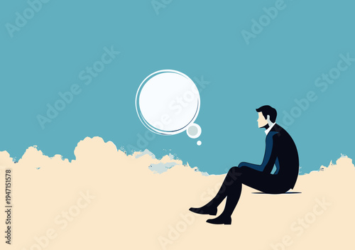 Businessman sitting on cloud with empty thought bubble over blue sky minimal flat vector illustration conceptual thinking idea contemplation concentration