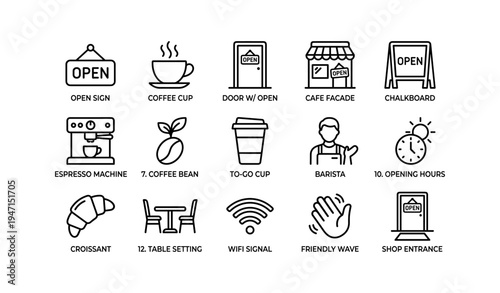 Coffee shop icon set with open sign, barista, coffee cup, and wifi signal