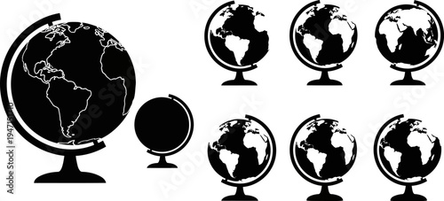 Collection of black globe icons on white background for geography and mapping concepts