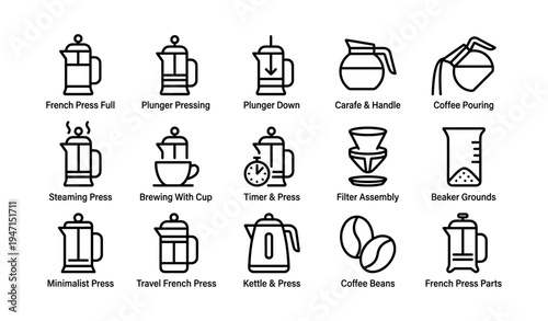 Variety of french press icons including coffee brewing tools and accessories