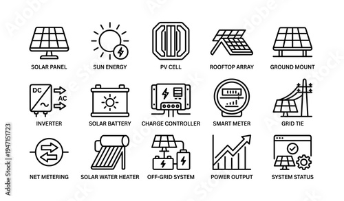 Solar energy systems: panel, sun, inverter, smart meter, power output