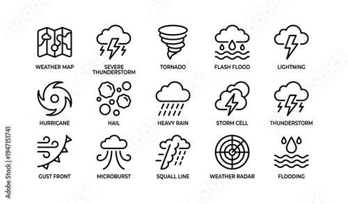 Weather icons indicating severe thunderstorm, tornado, and flood alerts