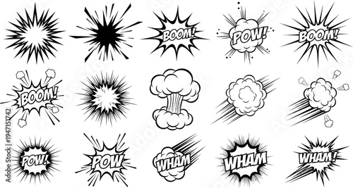 Comic book explosion and impact effects with boom pow wham text  various cartoon illustrations