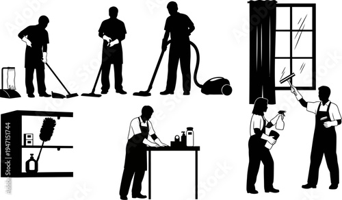 Silhouette of people doing cleaning tasks with various equipment and tools