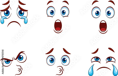 Set of cartoon faces with different emotions and expressions on white background