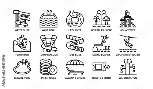 Water park attractions icons: water slide, wave pool, lazy river, zipline, diving boards, aqua tower