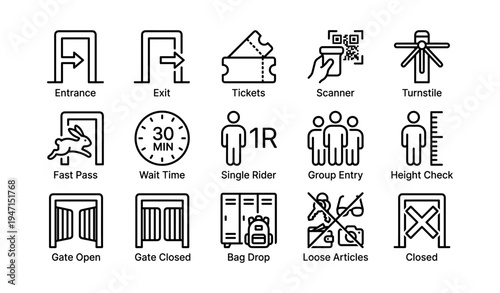 Theme park entry icon set with gate, tickets, and bag check symbols
