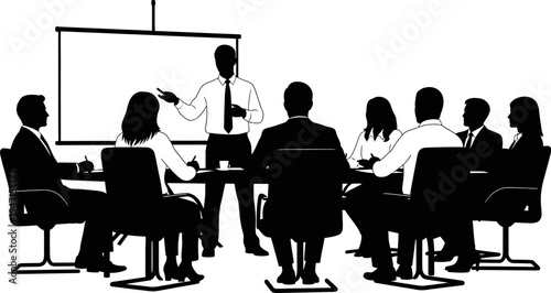Business people in a meeting with a presenter standing by a whiteboard