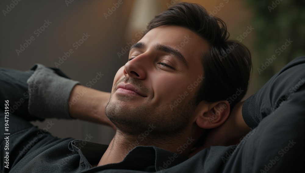 Fototapeta premium Relaxing man reclining on couch in living room, showing cushion and dark long-sleeve shirt