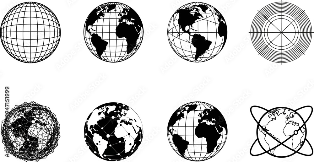 Obraz premium Various globe and satellite orbit icons in black and white on white background