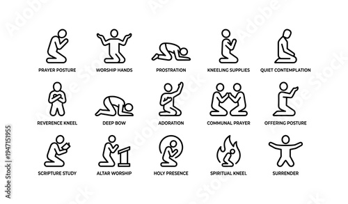 Various prayer and worship postures illustrated in icon set