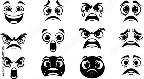Collection of cartoon faces with different emotions on white background
