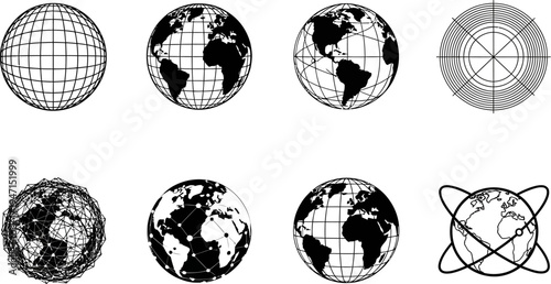 Various globe and satellite orbit icons in black and white on white background
