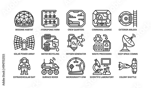 Space station modules and equipment icons for extraterrestrial exploration