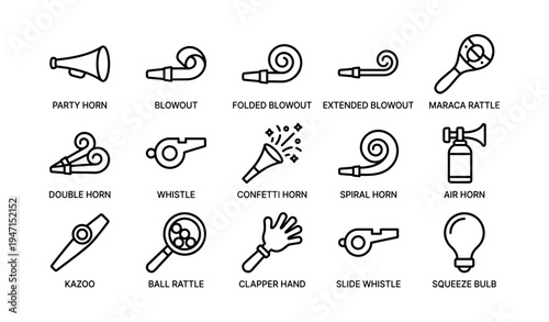 Assorted party noise makers: horns, whistles, and rattles illustrated