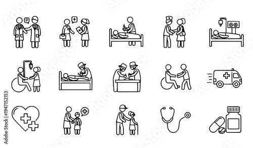 Medical staff and patient care stick figure icons healthcare service vector collection isolated on white
