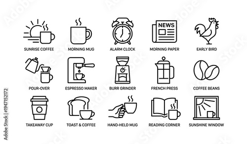 Morning coffee routine icons: mug, alarm clock, espresso maker, french press, burr grinder