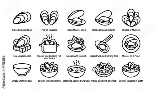 Mussels and seafood dishes: cooking, serving, and shell presentation icons