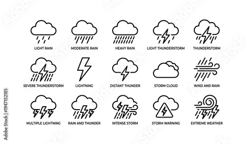 Weather icons set: rain, lightning, thunderstorm, wind, clouds