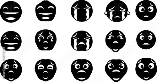 Collection of various cartoon faces with different emotions on white background