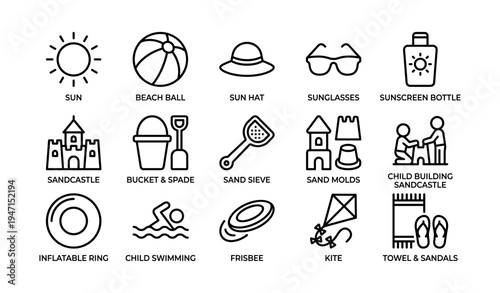 Beach essentials icons: sun, sandcastle, sunglasses, beach ball, sand molds, kite, child play