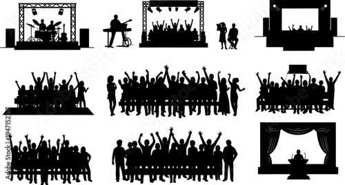 Silhouette of people at music festival with band on stage and audience cheering  various concert scenes