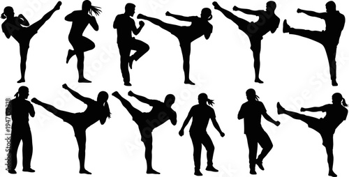 Silhouettes of people practicing martial arts in various kicking and punching poses